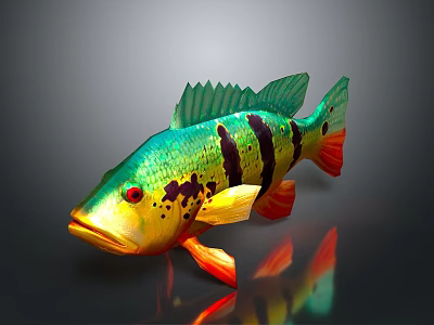 Colorful Aquatic Fish With Green Body Black Stripes Red Fins Eyes On Gray Background Reflection 3d model