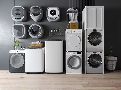 Modern Washing Machine Display Featuring Front Loading Stackable And Compact Models In White And Gray 3d model
