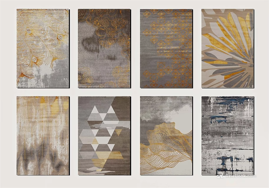 Modern Square Rugs with Geometric Patterns Abstract Textures and Gold Gray Tones 3d model