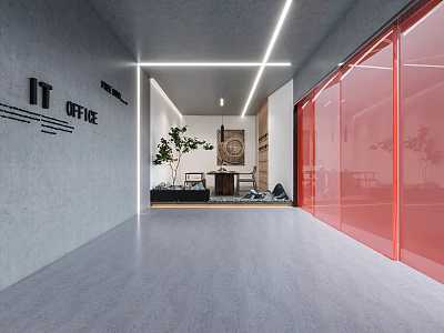 Modern IT Office Corridor With Gray Walls Red Glass Partitions And Green Plant 3d model