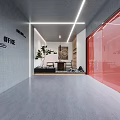 Modern IT Office Corridor With Gray Walls Red Glass Partitions And Green Plant