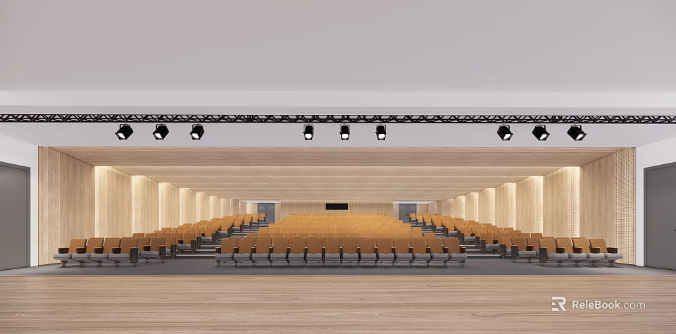 Spacious Auditorium Interior With Rows Of Yellow Seats Wooden Walls And Stage Lights 3d model 