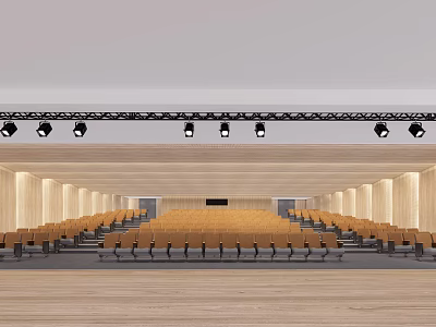 Spacious Auditorium Interior With Rows Of Yellow Seats Wooden Walls And Stage Lights 3d model