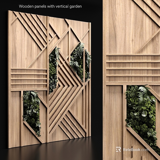 Modern Wooden Partition With Geometric Patterns And Green Foliage Decor 3d model 