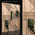 Modern Wooden Partition With Geometric Patterns And Green Foliage Decor