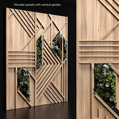 Modern Wooden Partition With Geometric Patterns And Green Foliage Decor 3d model