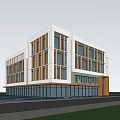 Modern School Building Exterior Design With Large Windows White Wooden Facade Road Trees And Pedestrians
