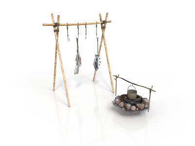 Modern Outdoor Setup With Bamboo Clothes Drying Rack Hanging Items And Stone Fire Pit 3d model