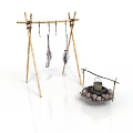 Modern Outdoor Setup With Bamboo Clothes Drying Rack Hanging Items And Stone Fire Pit 3d model