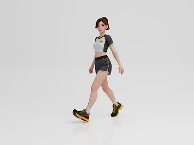 Woman in White Top and Black Shorts Walking with Yellow Black Sneakers on White Background 3d model
