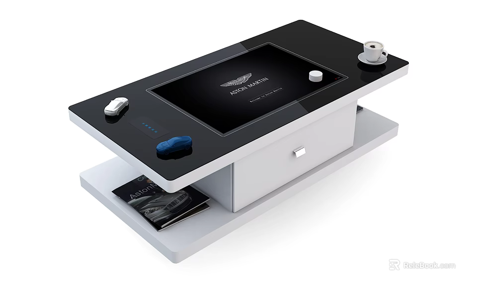 Modern Coffee Table With Black Tabletop White Cabinet Cup And Magazine Drawer 3d model 