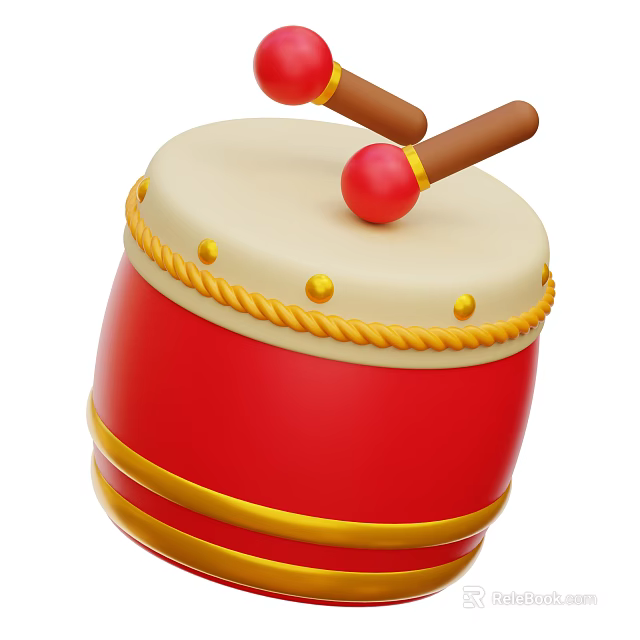 Vibrant Red Musical Instrument Drum with White Drumhead Yellow Rope Decorations and Wooden Drumsticks 3d model 