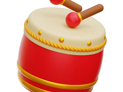 Vibrant Red Musical Instrument Drum with White Drumhead Yellow Rope Decorations and Wooden Drumsticks 3d model
