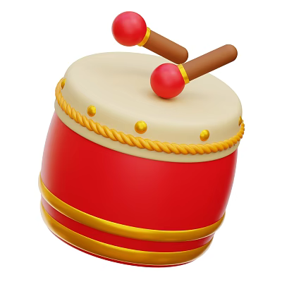 Vibrant Red Musical Instrument Drum with White Drumhead Yellow Rope Decorations and Wooden Drumsticks 3d model