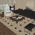 Middle Ancient Style Sofa Coffee Table Combination Single-Person Sofa Leather Three-Person Sofa Floor Lamp Hanging Picture Side Table 3d model