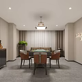 Hotel Mahjong Room Interior With Chinese Style Wooden Table Chairs Ceiling Lamp And Decorative Paintings