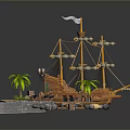 Detailed Pirate Ship Model With Island Palm Trees Water And Sand Scene