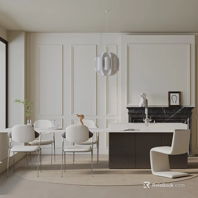 Modern Dining Table Set With White Chairs And Wall Paneling Fireplace Pendant Light 3d model