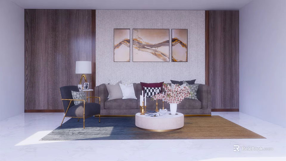 Gray Sofa with Colorful Pillows and Round Coffee Table in Living Room with Abstract Paintings 3d model 