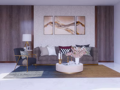 Gray Sofa with Colorful Pillows and Round Coffee Table in Living Room with Abstract Paintings 3d model