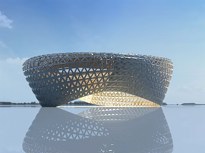 Modern Bowl Shaped Architectural Design With Lattice Structure Water Reflection Against Blue Sky 3d model