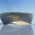 Modern Bowl Shaped Architectural Design With Lattice Structure Water Reflection Against Blue Sky