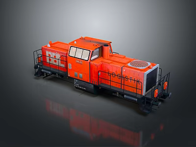 Orange Train Locomotive with Black Railings Cab Windows and Industrial Design Details 3d model
