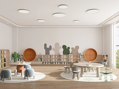 Book Art Inspired Children's Reading Space With Cactus Decor And Round Shelves 3d model