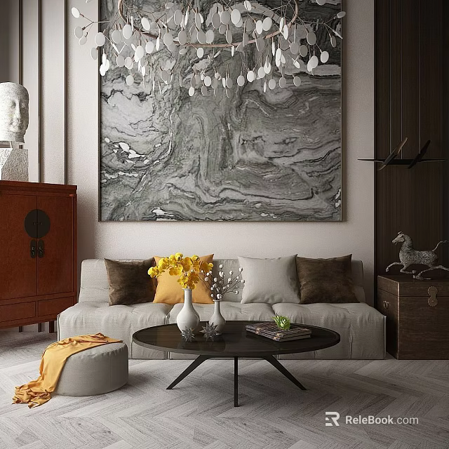 Modern Elegant Sofa Set With Plush Pillows Yellow Flowers Coffee Table And Marble Painting 3d model 