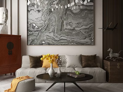 Modern Elegant Sofa Set With Plush Pillows Yellow Flowers Coffee Table And Marble Painting 3d model