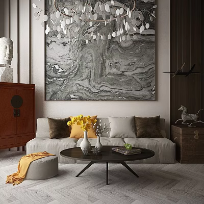 Modern Elegant Sofa Set With Plush Pillows Yellow Flowers Coffee Table And Marble Painting 3d model