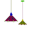 Two Hanging Chandeliers With Green Glass Shades Red Decorative Details And Brass Top