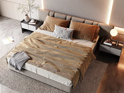 Modern Double Bed Bedroom Interior With Textured Wall Ambient Lighting Brown White Pillows And Nightstands 3d model