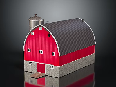 Traditional Red Barn Building With Gray Roof Arched Design White Windows And Wooden Door 3d model