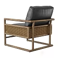 Modern Single Sofa With Black Leather Upholstery Wooden Frame And Rattan Side Panels
