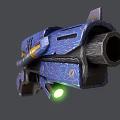 Futuristic Blue Weapon With Metallic Texture Glowing Green Light And Barrel Design