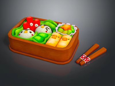 Cute Food Shaped Decorative Ornament Set with Bento Box Green Leaves Red Fruits and Chopsticks 3d model