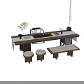 Modern Minimalist Tea Table Set With Wooden Frame Stone Top Stools And Tea Utensils