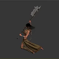 Man Holding Large Axe In Primitive Outfit With Decorative Arm Bands And Flying Debris