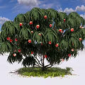 Lush Tree With Green Leaves Red Fruits Grass And White Clouds Under Blue Sky