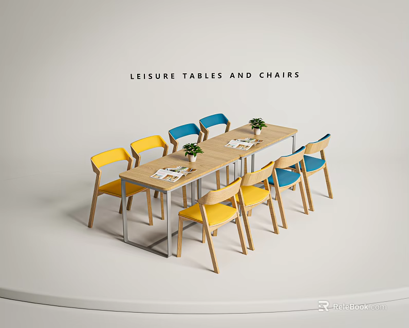 Leisure Table and Chair Set with Yellow Blue Chairs and Small Flowers on Wooden Top 3d model 
