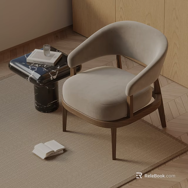 Light Gray Accent Chair With Wooden Legs Marble Side Table On Carpet And Open Book 3d model 