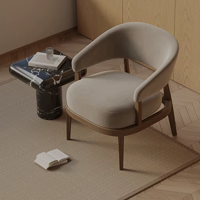 Light Gray Accent Chair With Wooden Legs Marble Side Table On Carpet And Open Book 3d model