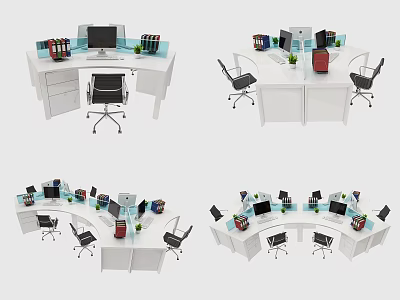 Various Modern Office Desk Designs With Computers Office Supplies And Chairs 3d model