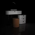 Modern White Dressing Table Featuring Round Mirror Brown Stool And Storage Drawers 3d model