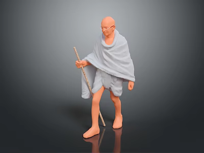 Bald Headed Barefoot Man In Light Colored Robe Holding Staff Model Figure Against Dark Background 3d model