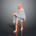 Bald Headed Barefoot Man In Light Colored Robe Holding Staff Model Figure Against Dark Background