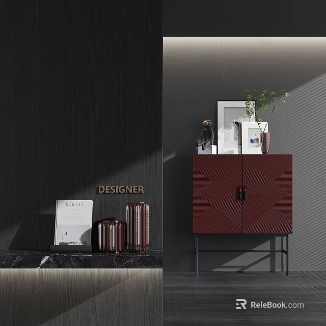 Elegant Modern Entryway Side Cabinet In Burgundy With Decorative Vases Frames And Green Plant 3d model 