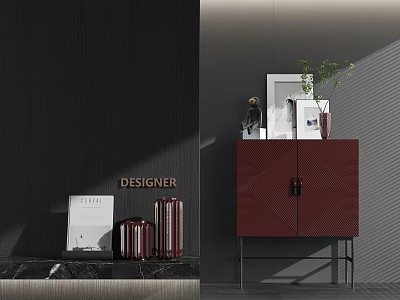 Elegant Modern Entryway Side Cabinet In Burgundy With Decorative Vases Frames And Green Plant 3d model