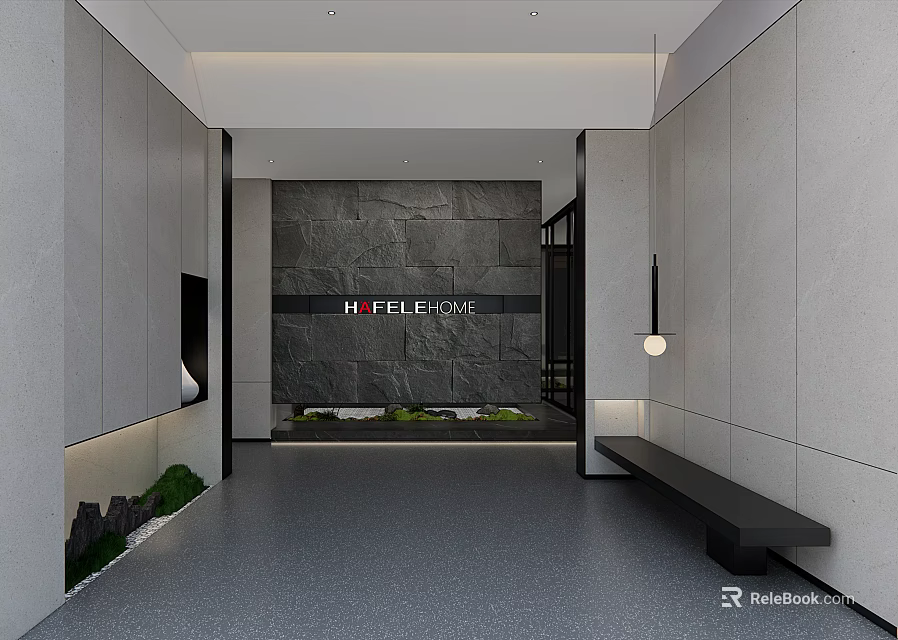 Modern Front Desk Reception Lobby with Stone Wall Logo Bench and Lighting Design 3d model
